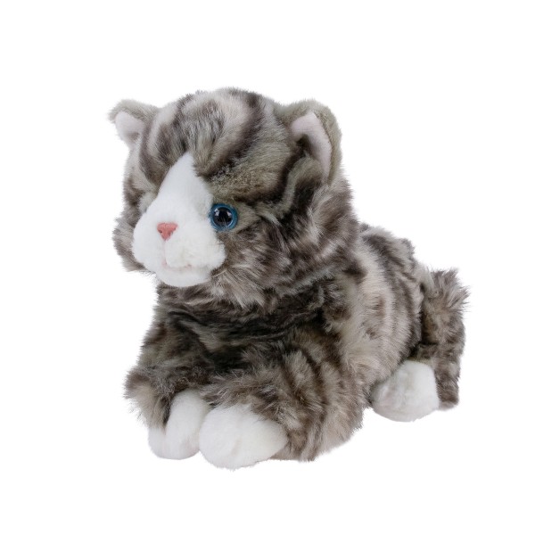 Kuscheltier Katze liegend grau getigert 25 cm Plüschkatze