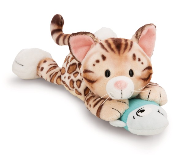 Nici Kuscheltier Bengal Katze mit Fisch liegend 30 cm Plüschkatze