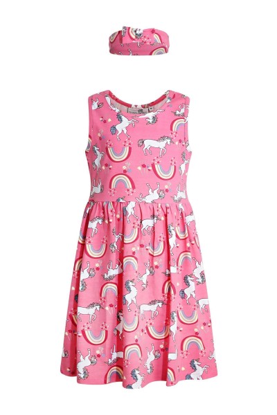 Kleid mit Einhornmuster pink/bunt mit Stirnband Sommerkleid