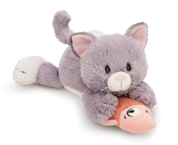 Nici Kuscheltier Katze grau mit Fisch liegend 30 cm Plüschkatze