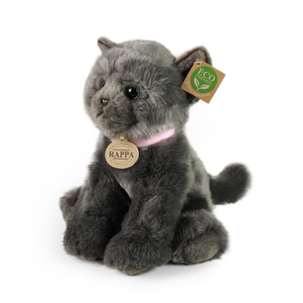 Kuscheltier Katze mit Halsband sitzend grau 25 cm