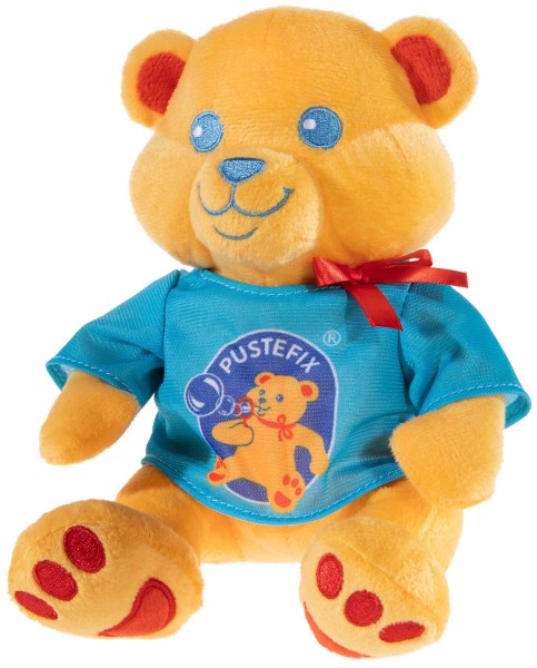 Kuscheltier Pustfix Bär mit T-Shirt und Seifenblasen gelb/blau 22 cm