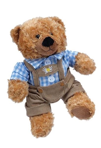 Trachten-Teddy blond 22 cm blaues Hemd Plüschteddy